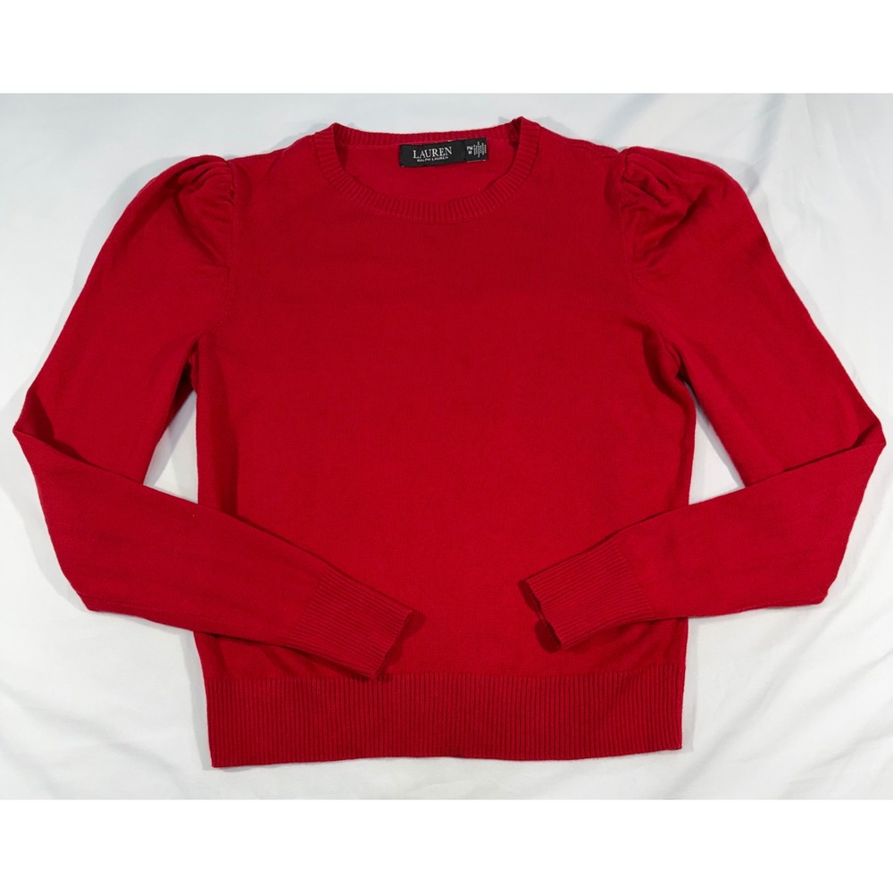 Lauren Ralph Lauren Red Puff Sleeve Crew Neck Knit Sweater PM Petite Medium